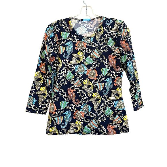 J. McLaughlin Signature Top Shirt Size Small Catalina Diamond Fish Coral Stretch - Picture 1 of 6